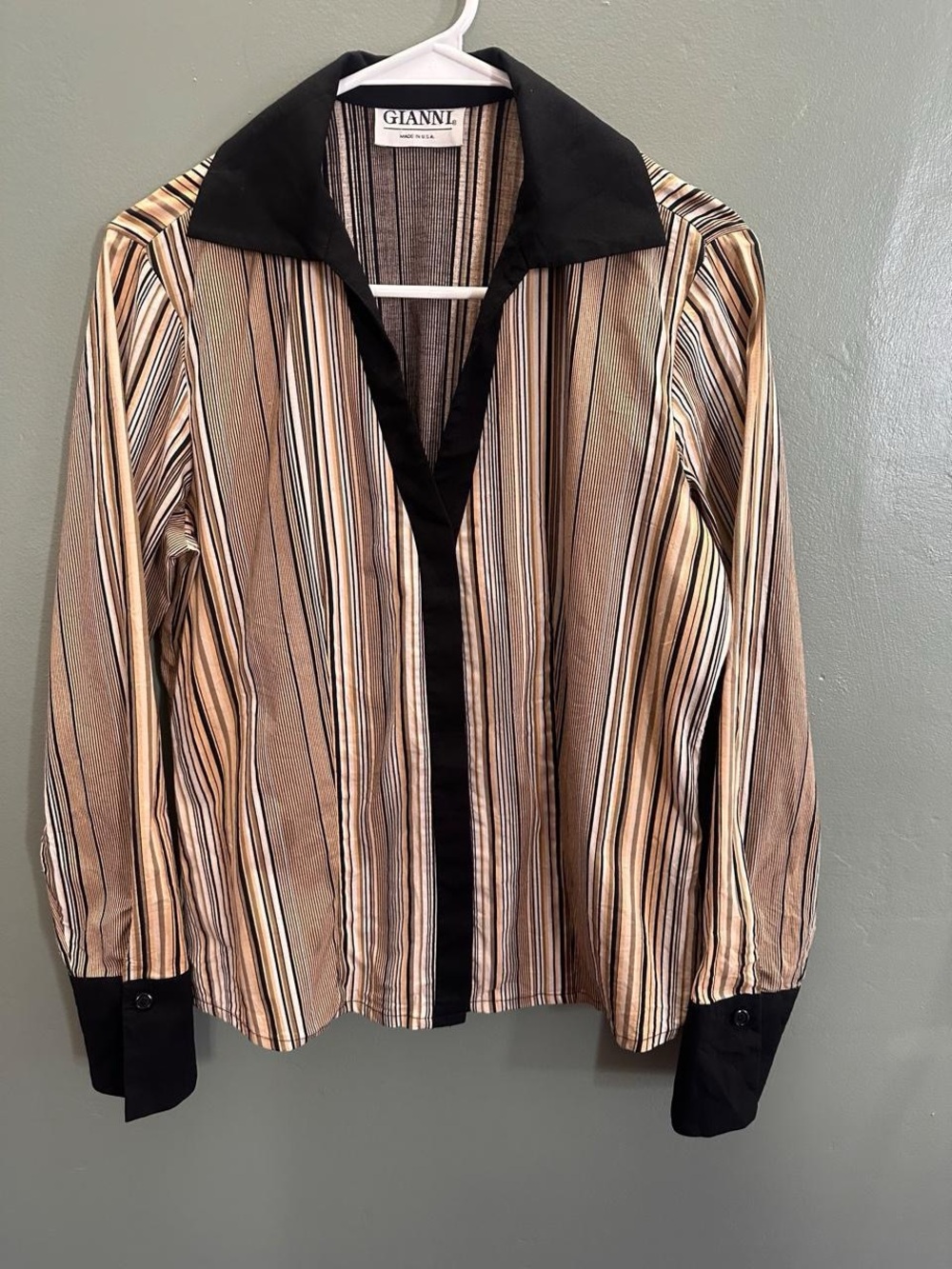 Vintage Gianni Beige and Black Striped Button Up Long Sleeve Blouse Sz 8